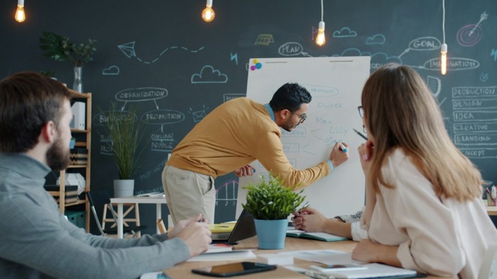 Réunion de travail dans une agence web, devant un tableau blanc