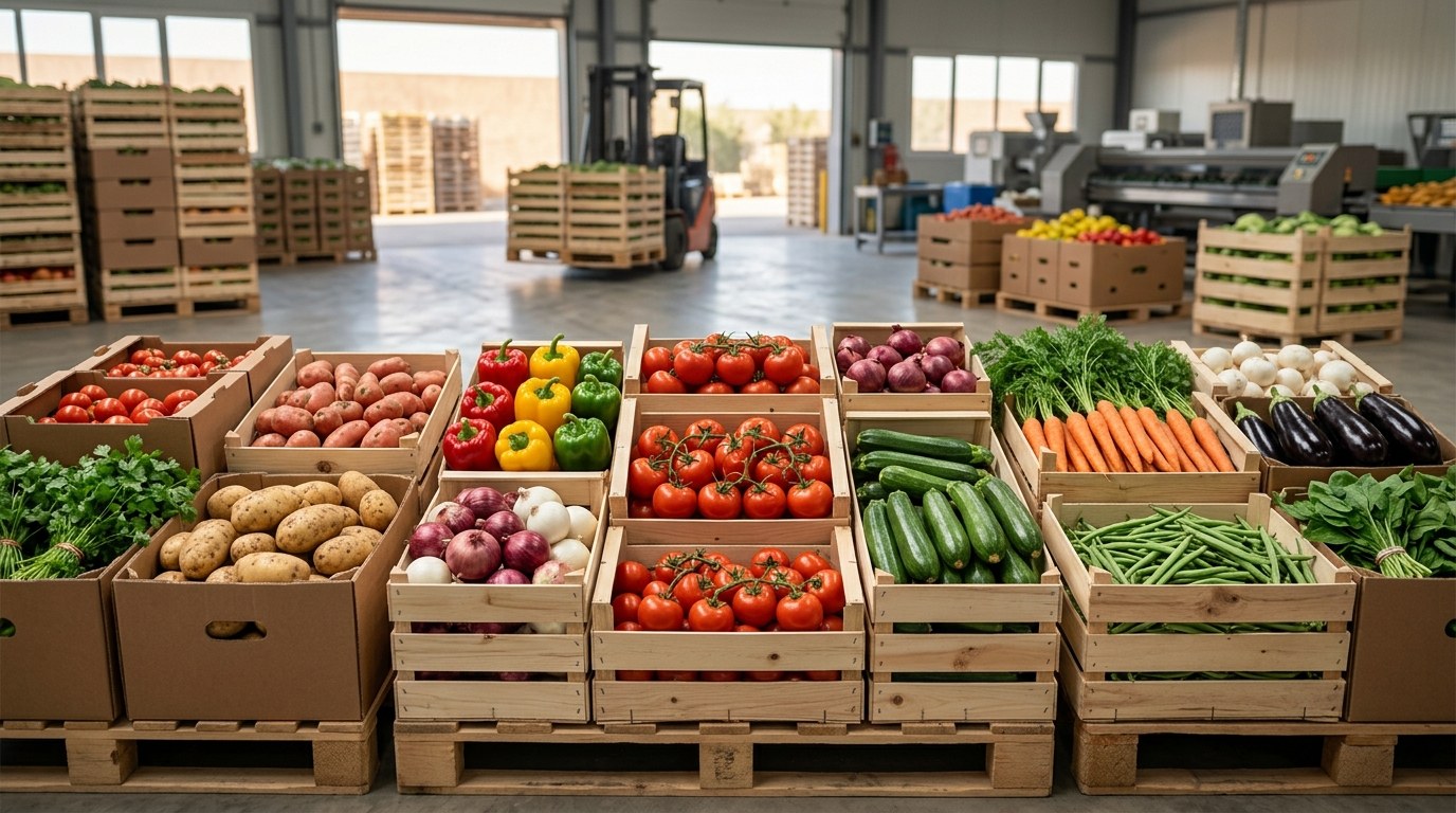 Entrepôt logistique avec caisses de légumes frais triés devant un chariot élévateur