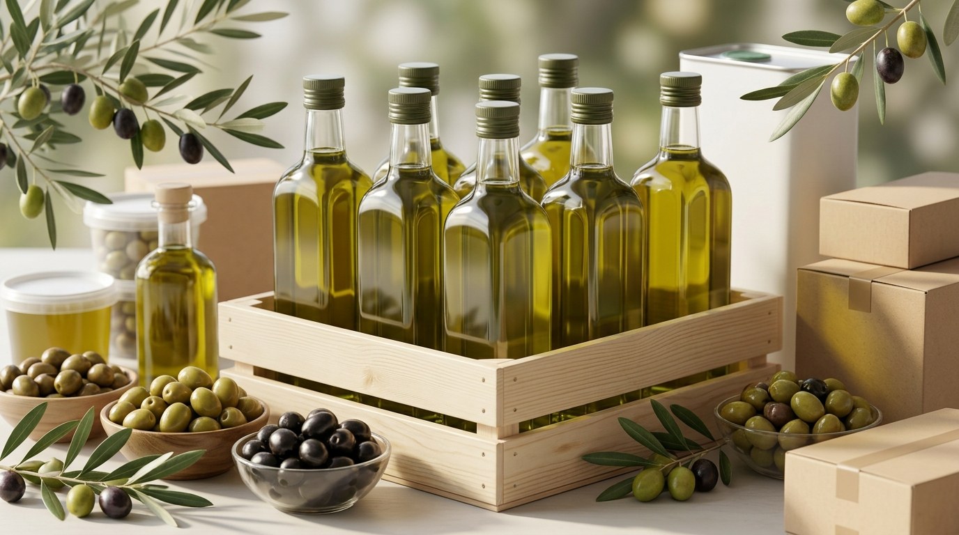Bouteilles d'huile d'olive et bols d'olives vertes et noires dans une caisse en bois